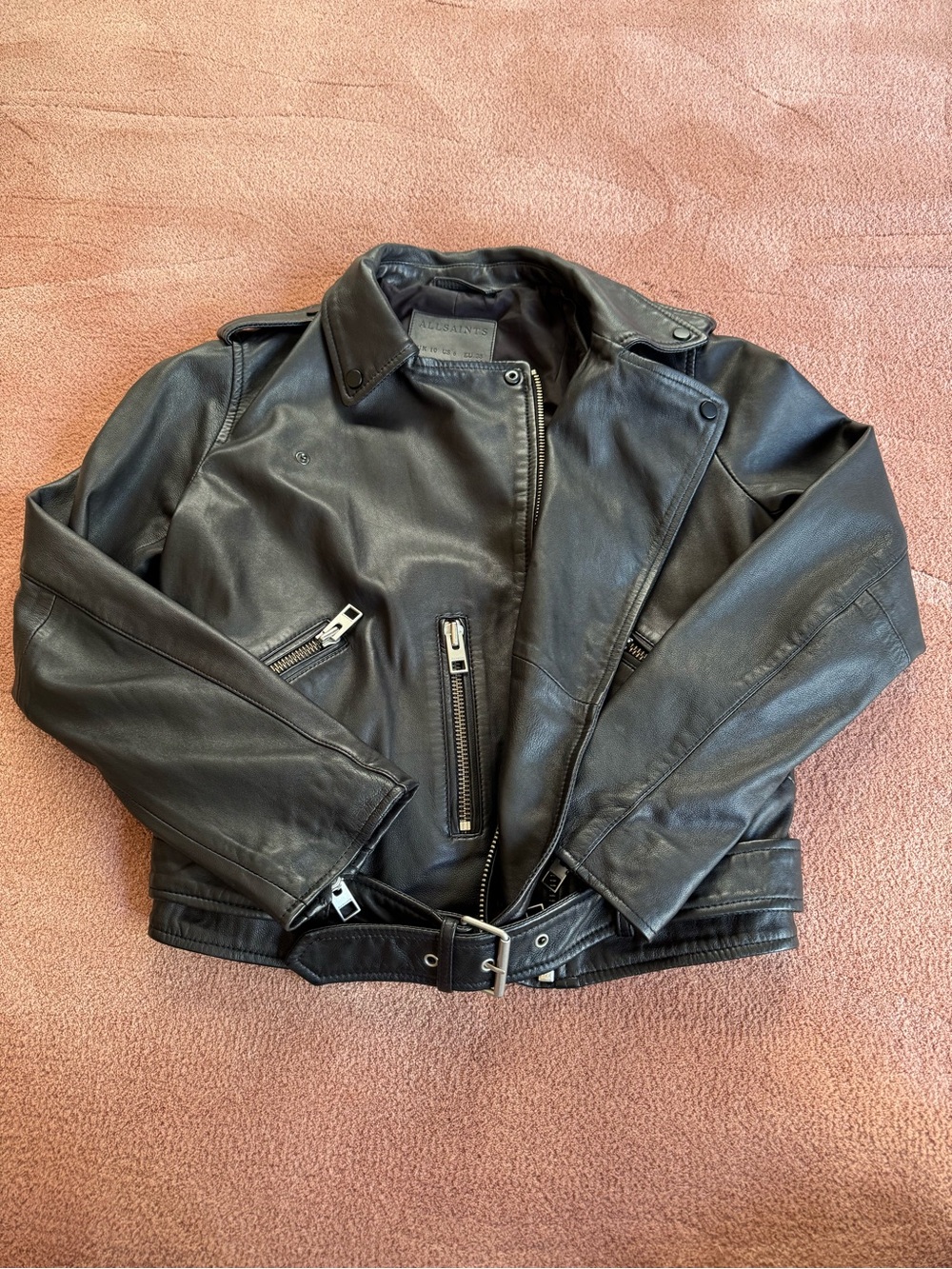 AllSaints Black Leather Biker Jacket with Silver Hardware